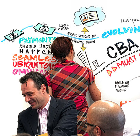 Graphic facilitation capturing ideas, conversations and emerging themes during a collaborative workshop for Commonwealth Bank.