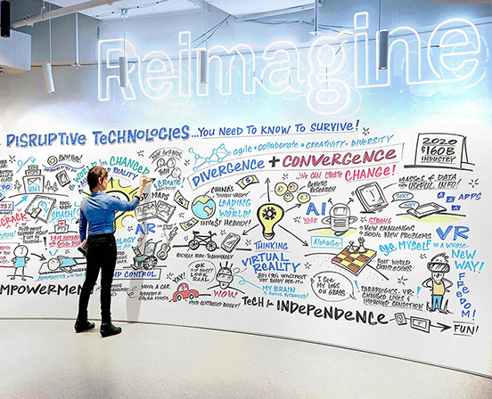 Large-scale graphic facilitation mural bringing conference conversations together into a shared visual experience.