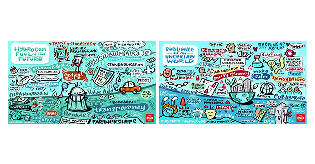 Live digital scribing capturing keynote presentations, ideas and discussions at the ISO Annual Global Meeting.